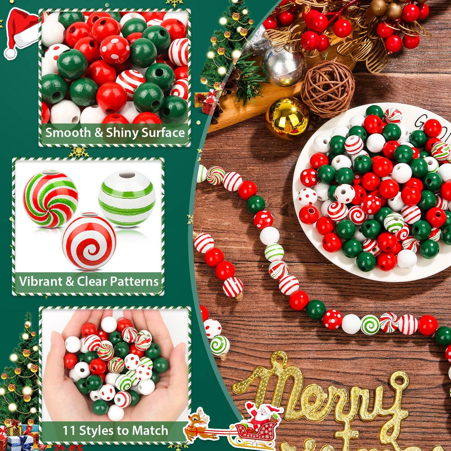 ROADPLUM 320 PCS Christmas Wooden Beads with Jute Twine, 16mm Wooden Christmas Beads in 11 Styles, Wooden Craft Beads with Holes for Christmas Party Holiday Decoration and Bracelet Making