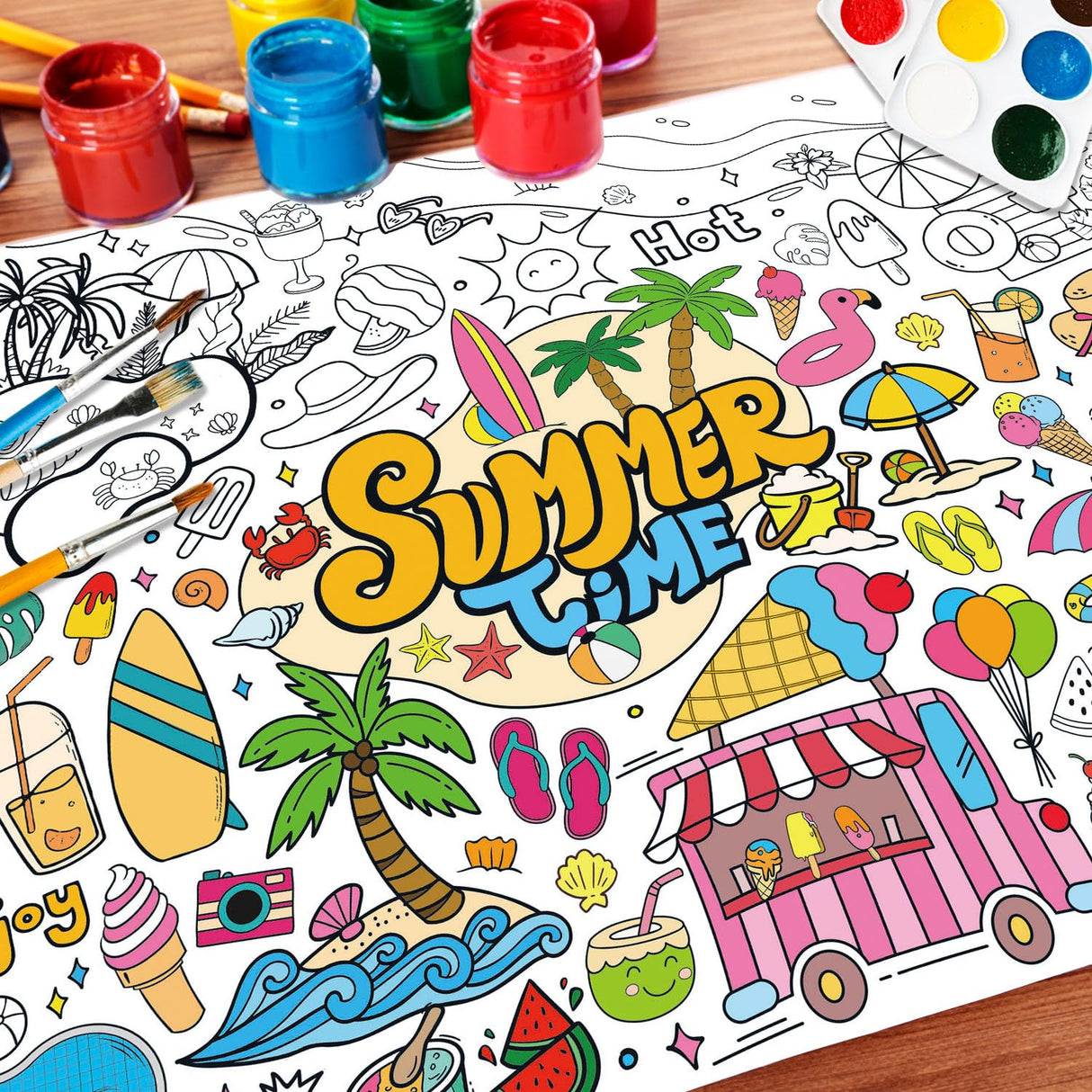 43.3x31.5" Summer Coloring Poster with Picture, Giant Summer Time Painting Poster, Large Coloring Tablecloth for Classroom Home Birthday Party Supplies Favor Nicime