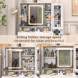 Vanity Desk with Lights & Sliding Mirror, Modern Vanity Makeup Mirror Desk with Charging Station 2 Drawers 2 Doors, Lots Storage Shelves, Large Vanity Set with Cushioned Stool for Girls & Women, White jiteentarou