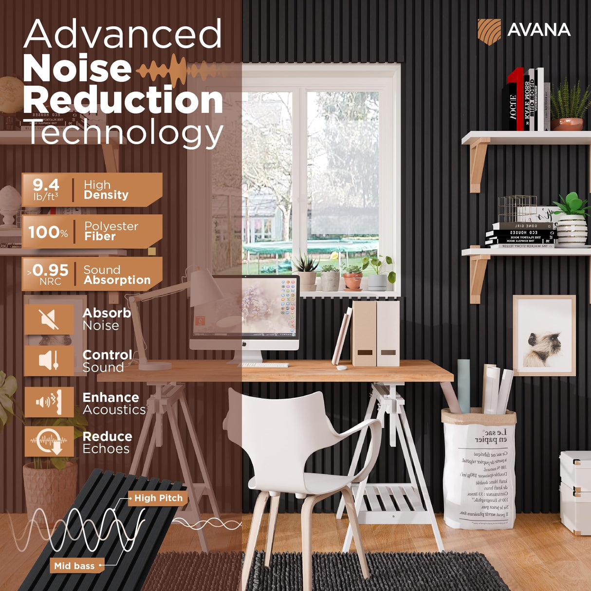 Avana Acoustic Wood Wall Panels – 94.4 x 12.6 Inch Black Oak Acoustic Panels 2 PCs – Wall Panels For Interior Wall Decor For Homes, Offices, Studios – Pleasing Decorative Wood Panels For Wall Avana