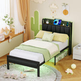 Furnulem Twin Size Bed Frame with LED Lighting, Charging Station, and Upholstered Storage Headboard in Grey Furnulem