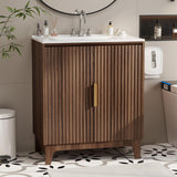 VINGLI 30Inch Walnut Fluted Bathroom Vanity with Ceramic Sink, 2-Door Cabinet, Mid-Century Modern Style, Perfect for Medium to Small Bathrooms VINGLI