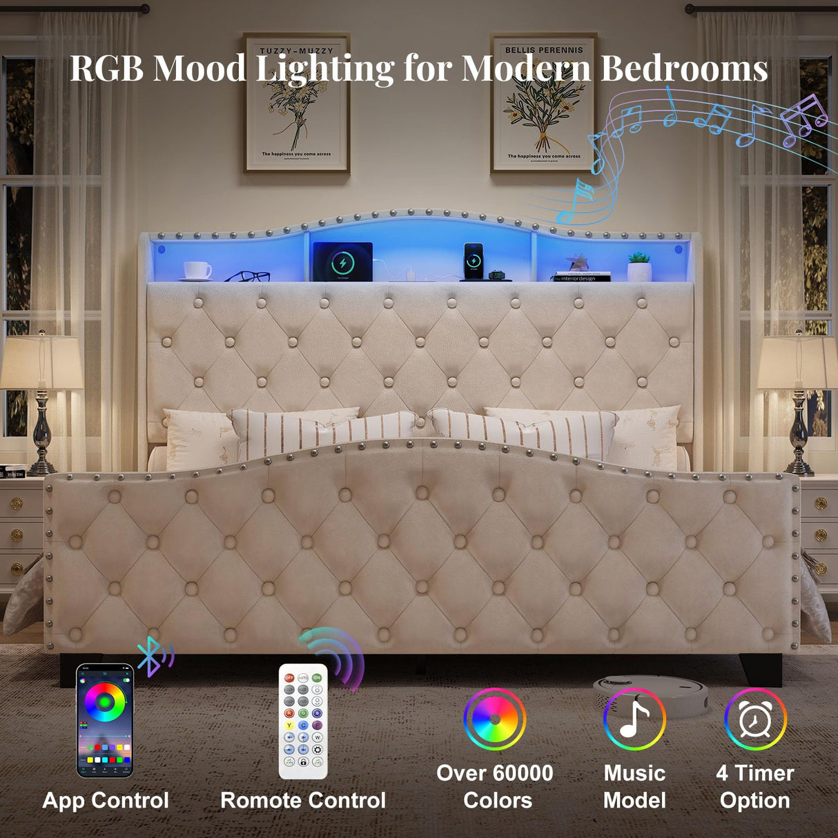 Belffin Queen Size Bed Frame and Headboard, 50.9" Velvet Upholstered Wingback Bedframe with LED Lights & Storage/Charging Station, Button Tufted Tall Footboard, No Box Spring Needed, Noise-Free, Beige Belffin