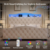 Belffin Queen Size Bed Frame and Headboard, 50.9" Velvet Upholstered Wingback Bedframe with LED Lights & Storage/Charging Station, Button Tufted Tall Footboard, No Box Spring Needed, Noise-Free, Beige Belffin