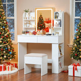 Furmax Vanity Desk with Mirror and LED Lights, Makeup Vanity Table with 3 Lighting Color, Adjustable Brightness, Vanity Table with 2 Drawers, Side Storage, for Bedroom (White, with Bench) Furmax