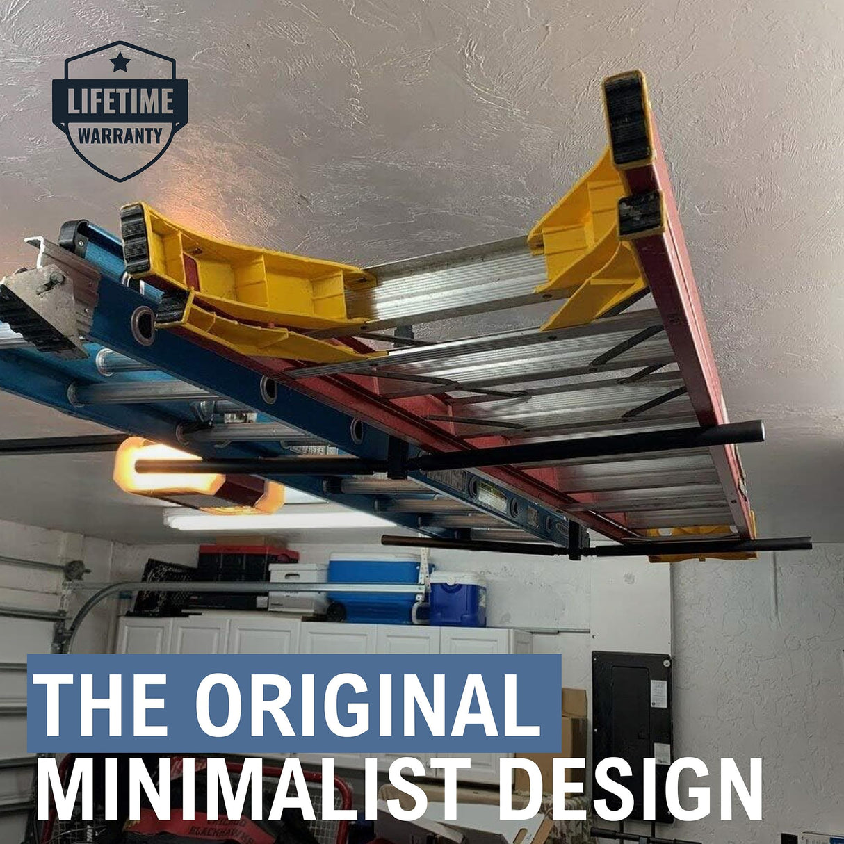 StoreYourBoard Adjustable Overhead Ladder Rack – Garage Organizer Ladder Shelf for Step & Extension Ladders - Storage Racks and Shelving for Garage Organization - Ceiling Mounted - Holds 150 lbs StoreYourBoard