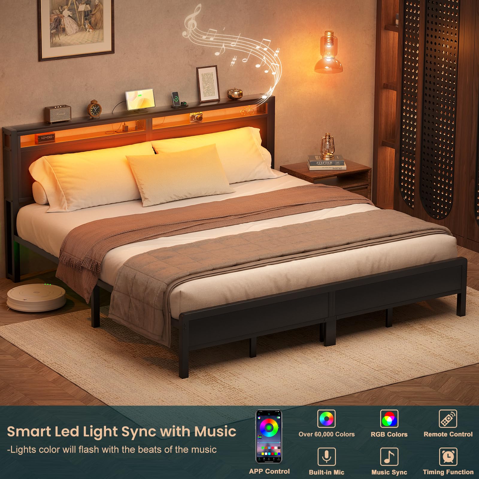 Homieasy Industrial King Size Bed Frame with Smart Charging Station and LED Lights - WoodArtSupply