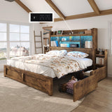 LUXOAK Rustic Brown King Bed Frame with Bookcase Headboard, RGB LED, Charging Station, and Storage Drawers LUXOAK
