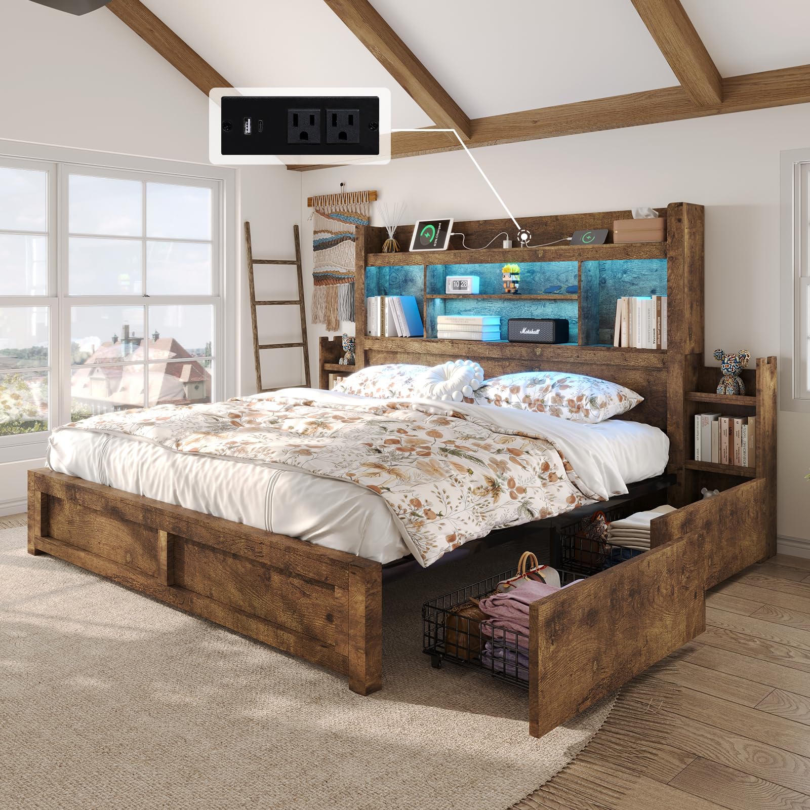 LUXOAK Rustic Brown King Bed Frame with Bookcase Headboard, RGB LED, Charging Station, and Storage Drawers - WoodArtSupply