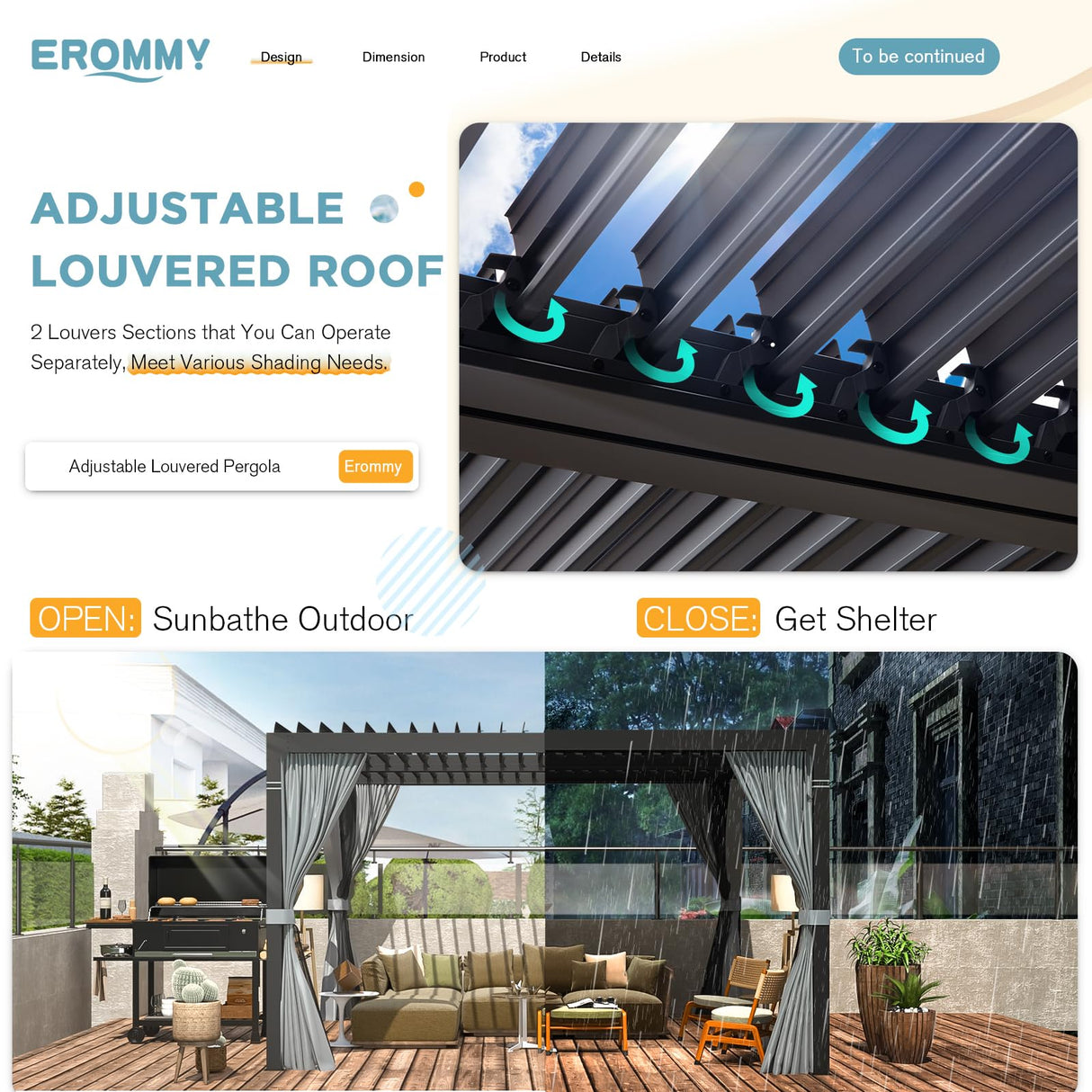 EROMMY 10x10FT Louvered Pergola Outdoor Sun Shade Shelter with Aluminum Frame and Adjustable Metal Rainproof Roof for Garden & Patio, Curtains and Netting Included, Gray-Black EROMMY