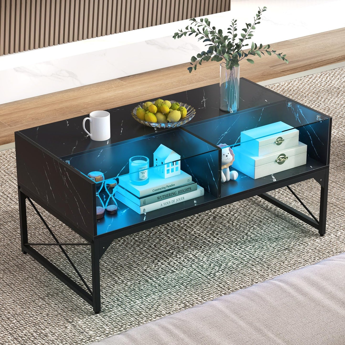 Giantex LED Coffee Table, High Gloss Coffee Tables with 4 Storage Cubes, 20-Color Lights, Remote Control, Faux Marble & Tempered Glass Top, Modern Accent Rectangle Center Table for Living Roo - WoodArtSupply