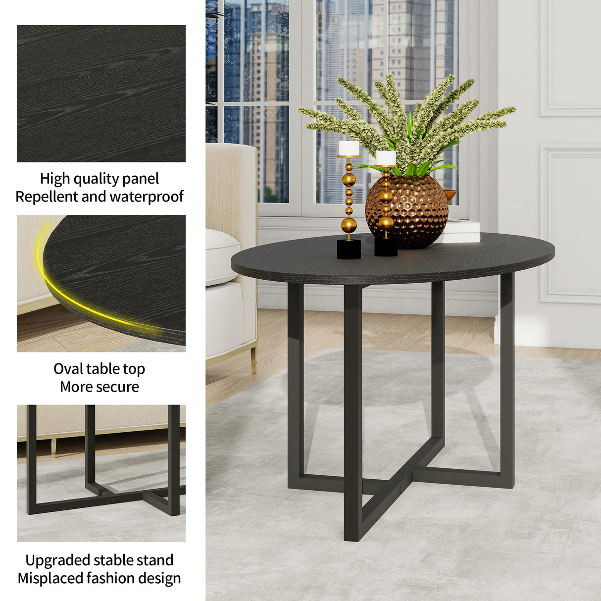 VERFARM Oval Coffee Table for Living Room, Center Table Tea Table with Metal Frame for Living Room Home Office, Small Space, Easy Assembly, Black VERFARM