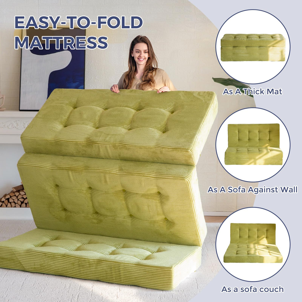 MAXYOYO Tri-Fold Mattress, 6 Inch Tufted Folding Mattress Full Foam Bed, Foldable Floor Couch Guest Bed Topper Portable Camping Sleeper with Corded Fabric, Green, 53"x75" MAXYOYO