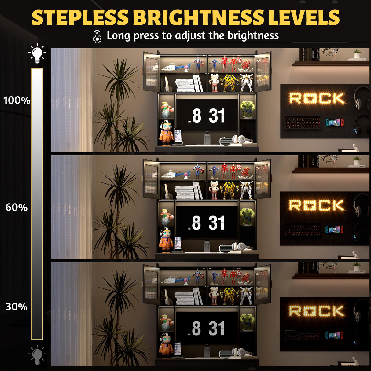 LVSOMT Home Office Desk with Hutch, Modern Computer Gaming Desk with LED Lights & Power Outlets, Black Study Table with Storage Shelves, Teen Writing Desk for Bedroom, 40'' W LVSOMT