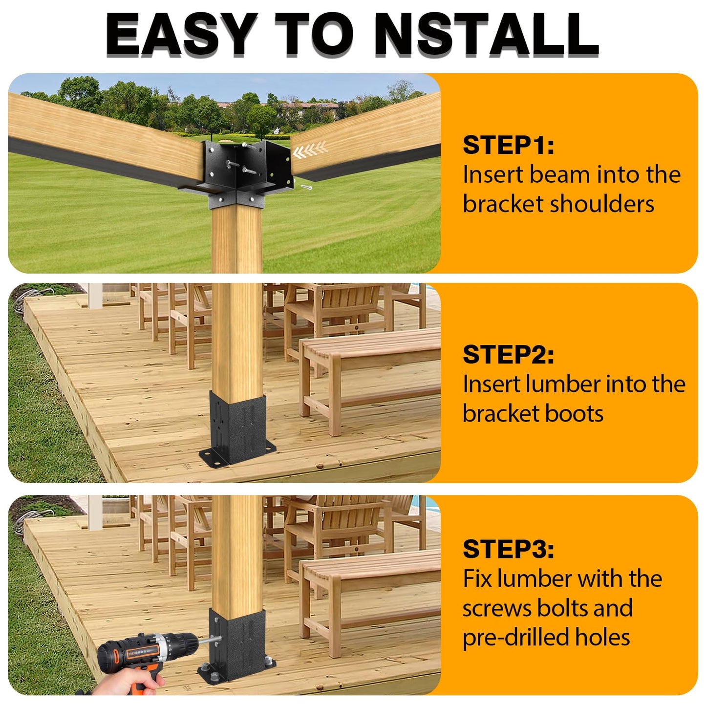 Eapele Pergola Kit with pergola Brackets 4x4 3-Way 90° Angle Corner Bracket Wood Fence Post Anchor Base, Powder Coated Steel Made for Gazebos, Patio Pergolas, Log Cabin Outdoor Pergola Hardware