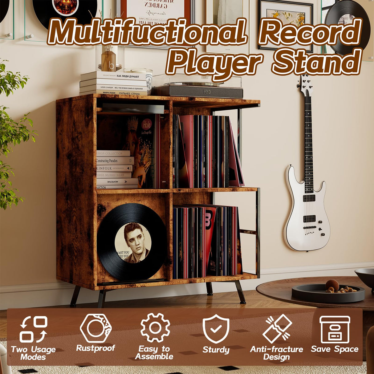 3 Tier Record Player Stand, Flip Top Record Player Cabinet, Mid Century Record Player Table with Shelves Holds up to 300+ Albums, Vinyl Record Storage with 4 U-Dividers for Living Room Bedroom, Brown Faesun