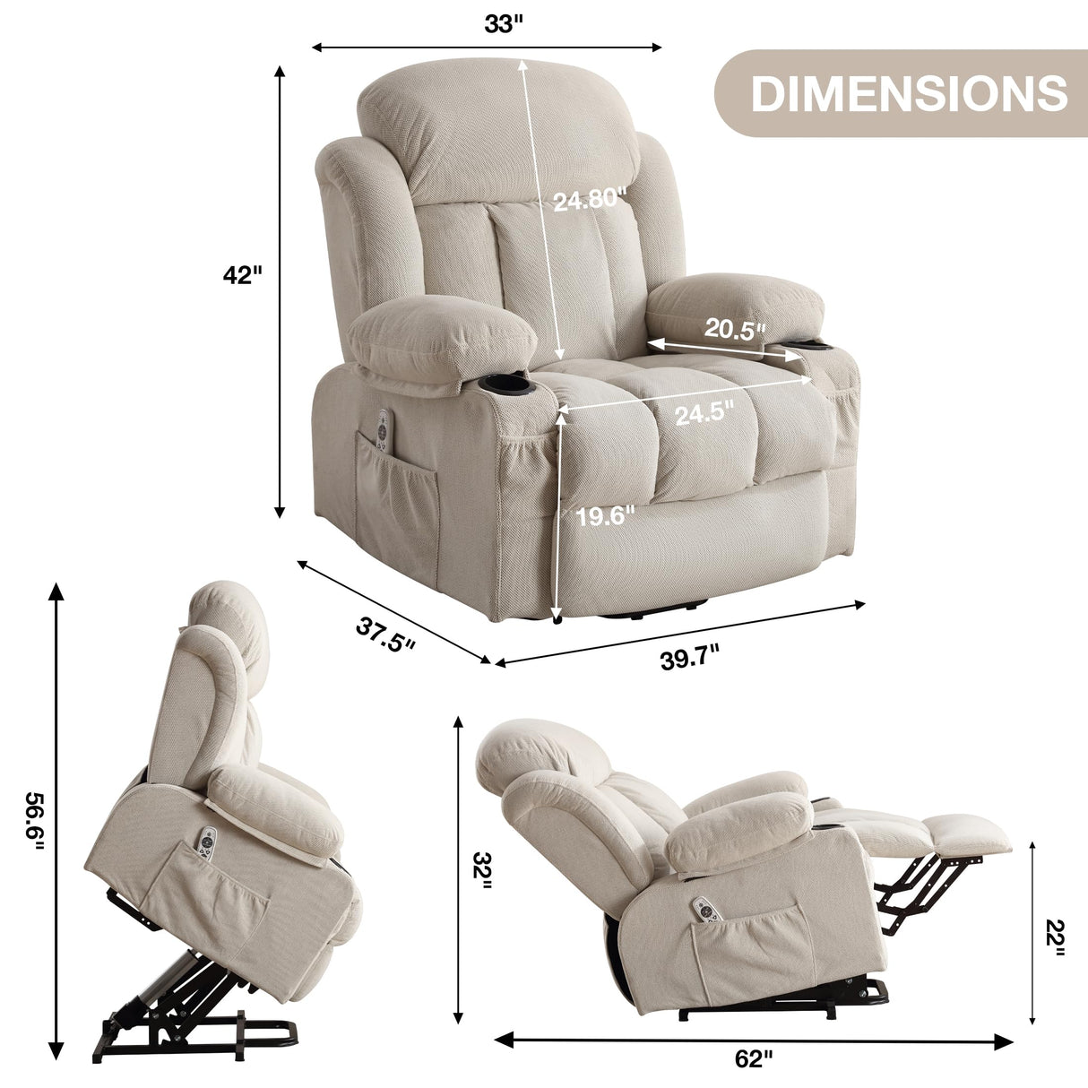 BOSMILLER Power Lift Recliner Chair with Heat and Massage Electric Fabric Recliner Chair for Elderly with Side Pocket, USB Charge Port, Remote Control for Living Room (Cream) BOSMILLER