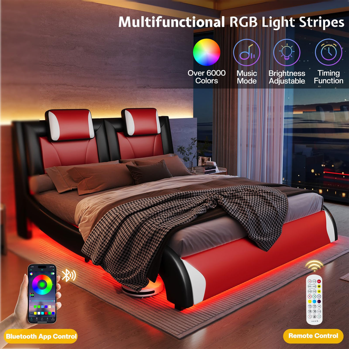 Jocisland LED Queen Bed Frame, Modern Faux Leather Upholstered Platform Bed, Wave Like Curve Design No Box Spring Needed, Red Jocisland