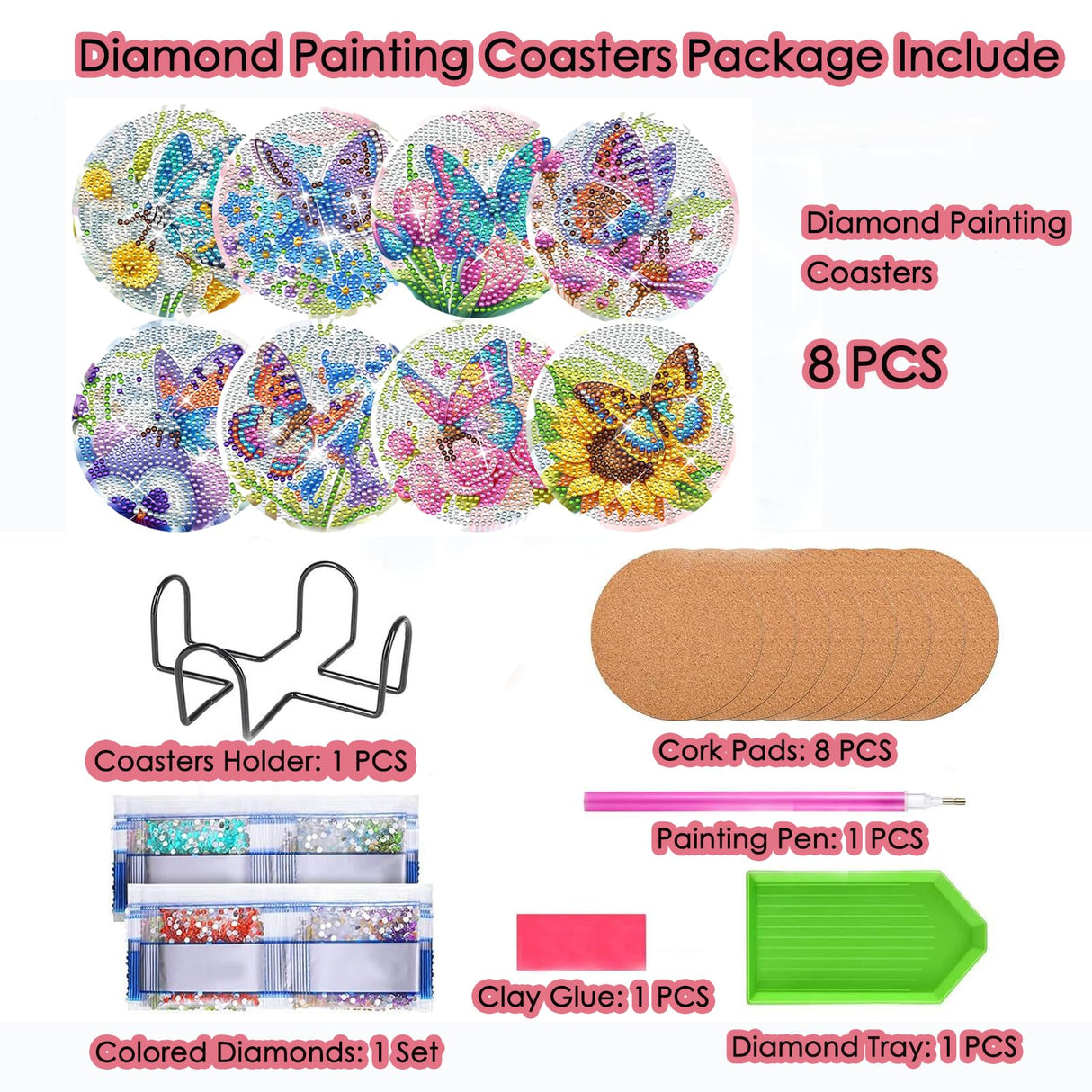 TDOOW Diamond Art Painting Coasters Kit, 8 Pcs Colorful Butterfly Diamond Art Coasters with Holder, DIY Diamond Painting for Adults Beginners TDOOW