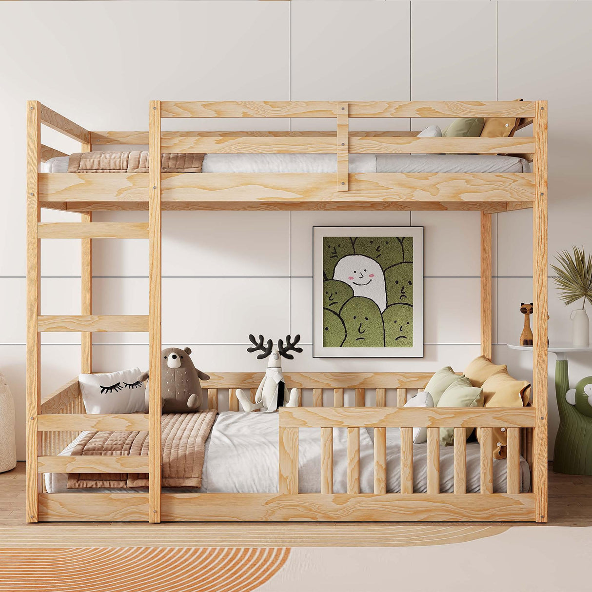 Bellemave Bunk Bed Full Over Full with Rail and guardrail, Full Bunk Bed for Kids, Girls, Boys, Floor Bunk beds with Fence, Solid Pine Wood, Natural Bellemave