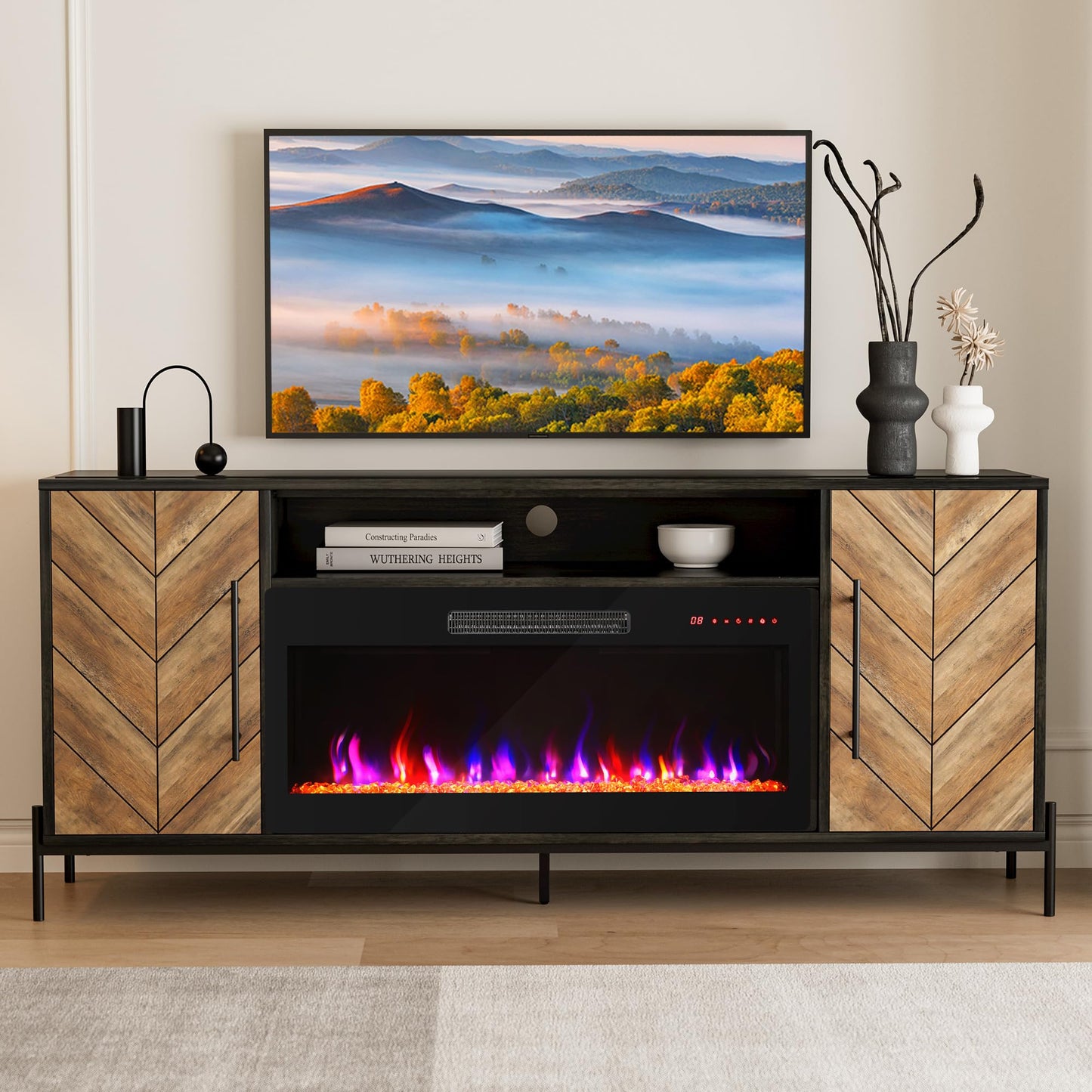 BELLEZE 68" TV Stand with 36" Electric Fireplace Heater, Entertainment Center with Storage Cabinet, Console Table for TVs up to 75" for Living Room, Bedroom - Harper (Black Ebony)