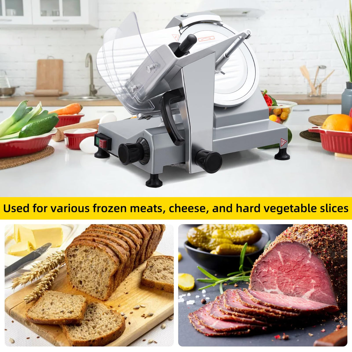 GarveeHome Electric Meat Slicer, 10" Commercial Meat Slicer with Carbon Steel Blade, Stainless Steel Food Slicer, Meat Cutting Machine 0-0.6 inch Adjustable Thickness for Meat Cheese Veggies, 240W GarveeHome