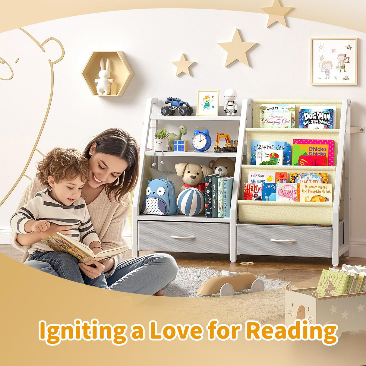 Twinkoo Kids Bookshelf and Toy Organizer, Sturdy 3 Tier Kids Bookcase, Sling Bookshelf and 2 Toy Bins, Toddler Montessori Book Shelf with Toy Storage Organizer for Children Room, Playroom, Nursery Twinkoo