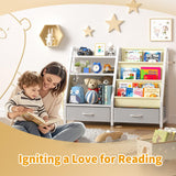 Twinkoo Kids Bookshelf and Toy Organizer, Sturdy 3 Tier Kids Bookcase, Sling Bookshelf and 2 Toy Bins, Toddler Montessori Book Shelf with Toy Storage Organizer for Children Room, Playroom, Nursery Twinkoo