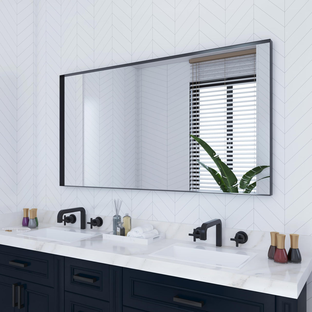 VocalStar 55 x 30 Inch Black Bathroom Mirror for Wall, Square Corner Rectangle Black Metal Framed Bathroom Vanity Mirror Modern Farmhouse, 1/4-inch Shatterproof Glass | Ultra-Flush Hanging VocalStar