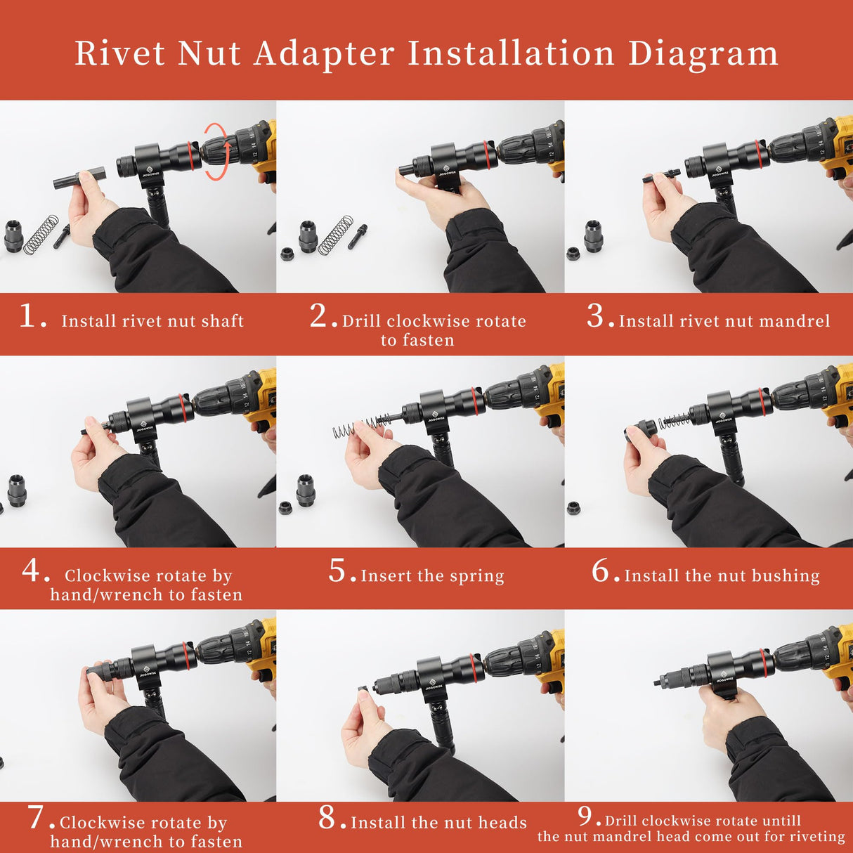 JIOGOWISE 2-in-1 Design Cordless Rivet Gun Adapter and Rivet Nut Adapter,Electric Drill Tools Accessory Kit with Carry Case,7 Metric Mandrels M3 to M12, 6 Rivet Heads 2.4mm to 6.4mm JIOGOWISE