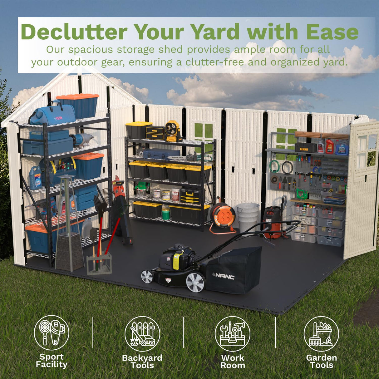 Patiowell 10x12 FT Outdoor Storage Shed with Floor and Lockable Door, All Weather Plastic Shed Garden Shed with Skylight and Multiple Windows for Backyard, Patio, Lawn, Beige Patiowell