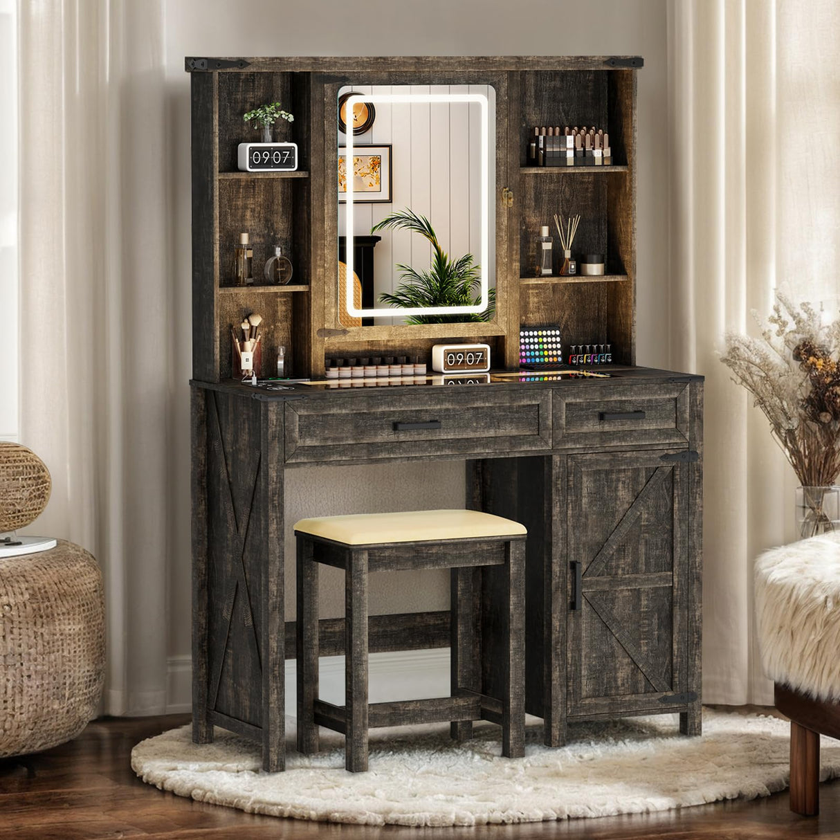 GlasFlength Farmhouse Makeup Vanity Desk with Mirror & Light, 40'' Glass Tabletop Vanity Table with 2 Drawers & Hidden Jewelry Cabinet, Rustic Big Vanity Charging Station Set, Stool Included, Bedroom GlasFlength