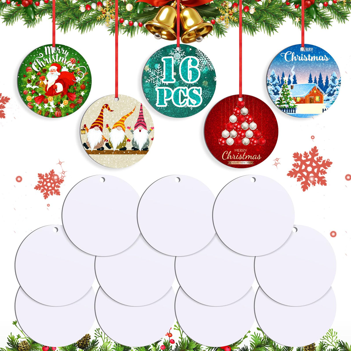 Sublimation Ornament Blanks 16PCS Personalized Christmas Ornaments Set Double-Sided Sublimation Ornaments with Red String, White Round DIY Handmade Crafts for Xmas Tree, Christmas Decorations Indoor Clonivent