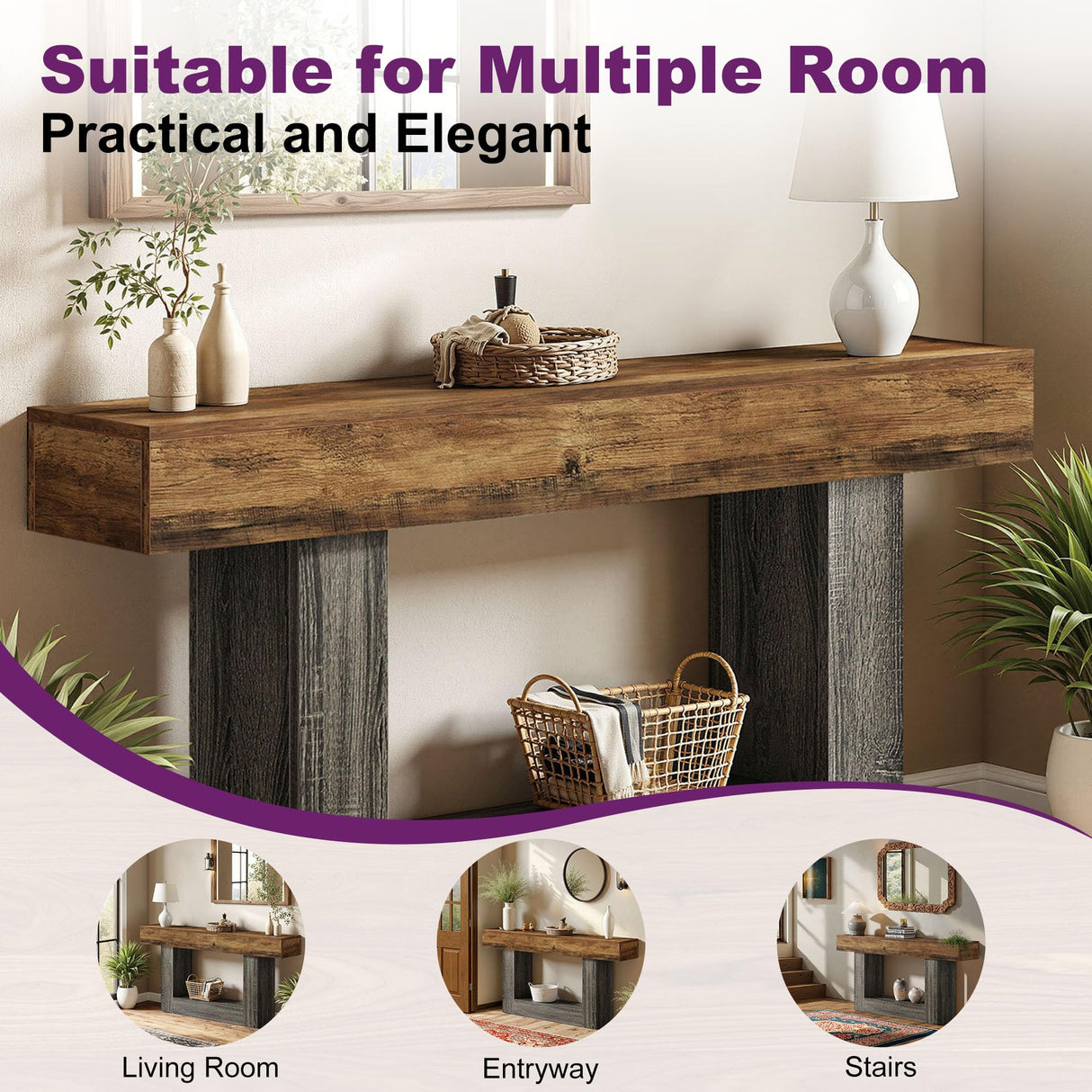 HIGREENA 63 Inch Entryway Table, 2-Tier Farmhouse Wooden Rectangular Console Sofa Table for Living Room, Hallway, Foyer Accent Table Behind Couch with U-Shaped Base - Brown & Grey HIGREENA