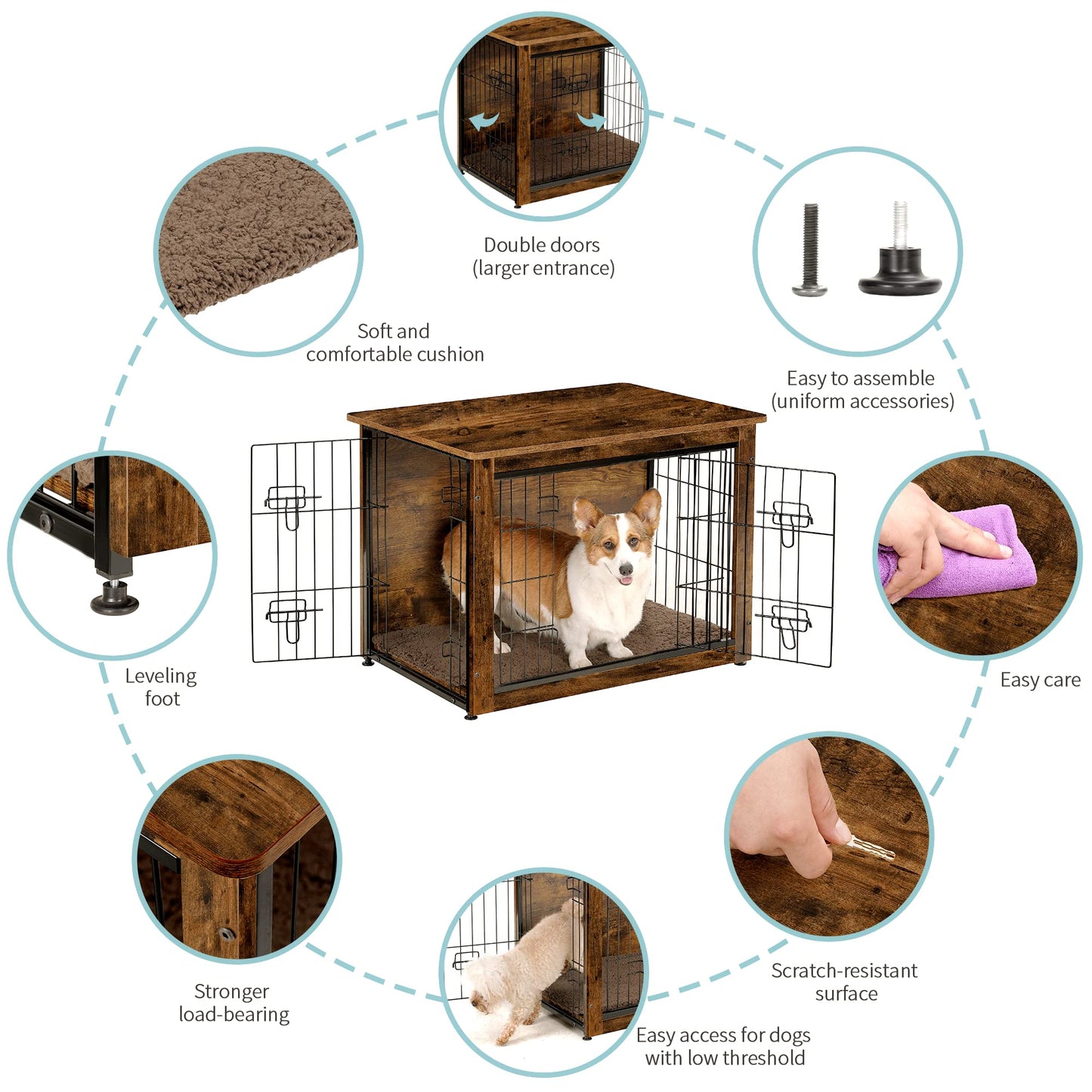 DWANTON Dog Crate Furniture with Cushion, Wooden Dog Crate Table, Double Doors Dog Furniture, Indoor Dog Kennel, Dog House, Dog Cage Medium, 32.5" L, Rustic Brown - WoodArtSupply