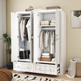 LABROSKIA White Armoire Wardrobe Closet with Drawers: 74" Large Wardrobe Closet with 4 Doors and 2 Drawers, Bedroom Armoires with Hanging Rod, Wooden Armoire Closets for Hanging Clothes (White, 59") LABROSKIA