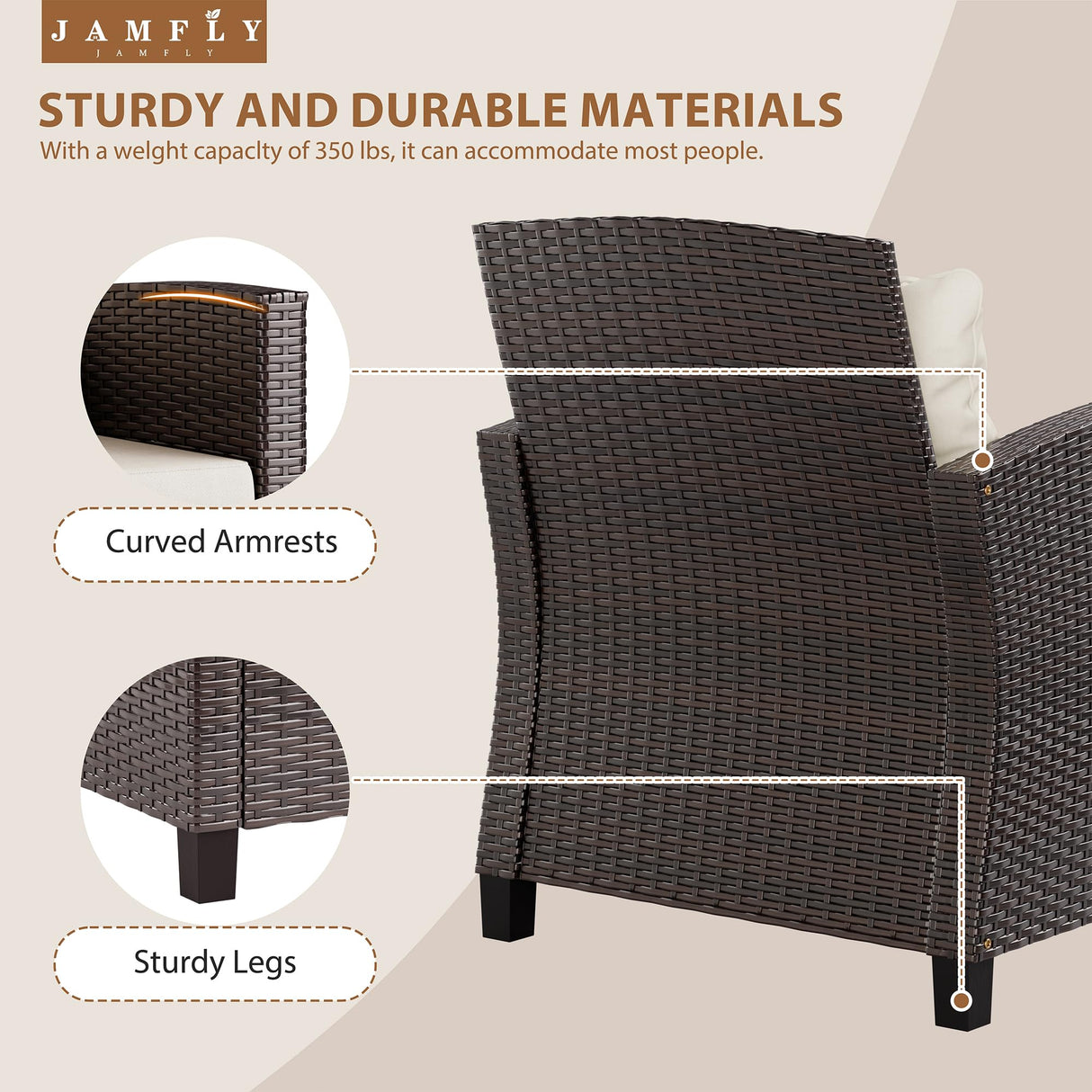 JAMFLY 3 Pieces Wicker Patio Furniture Set Outdoor, Wicker Chairs Conversation Set Small Patio Furniture for Apartment Balcony Bistro, Beige JAMFLY