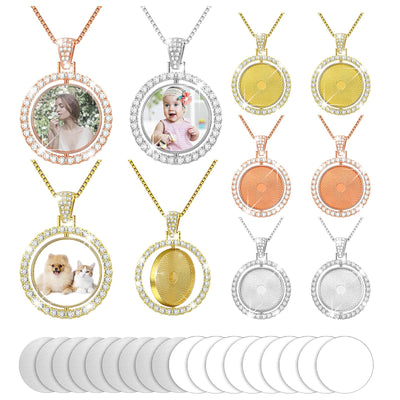 54 Pieces Rhinestone Bezel Pendant Trays Set Includes 9 Pieces Round Rhinestone Bezel Trays Double sided Blank Pendant Charm,9 Pieces Thick Chains with 18 Pieces Sublimation Aluminum Sheets and Glue