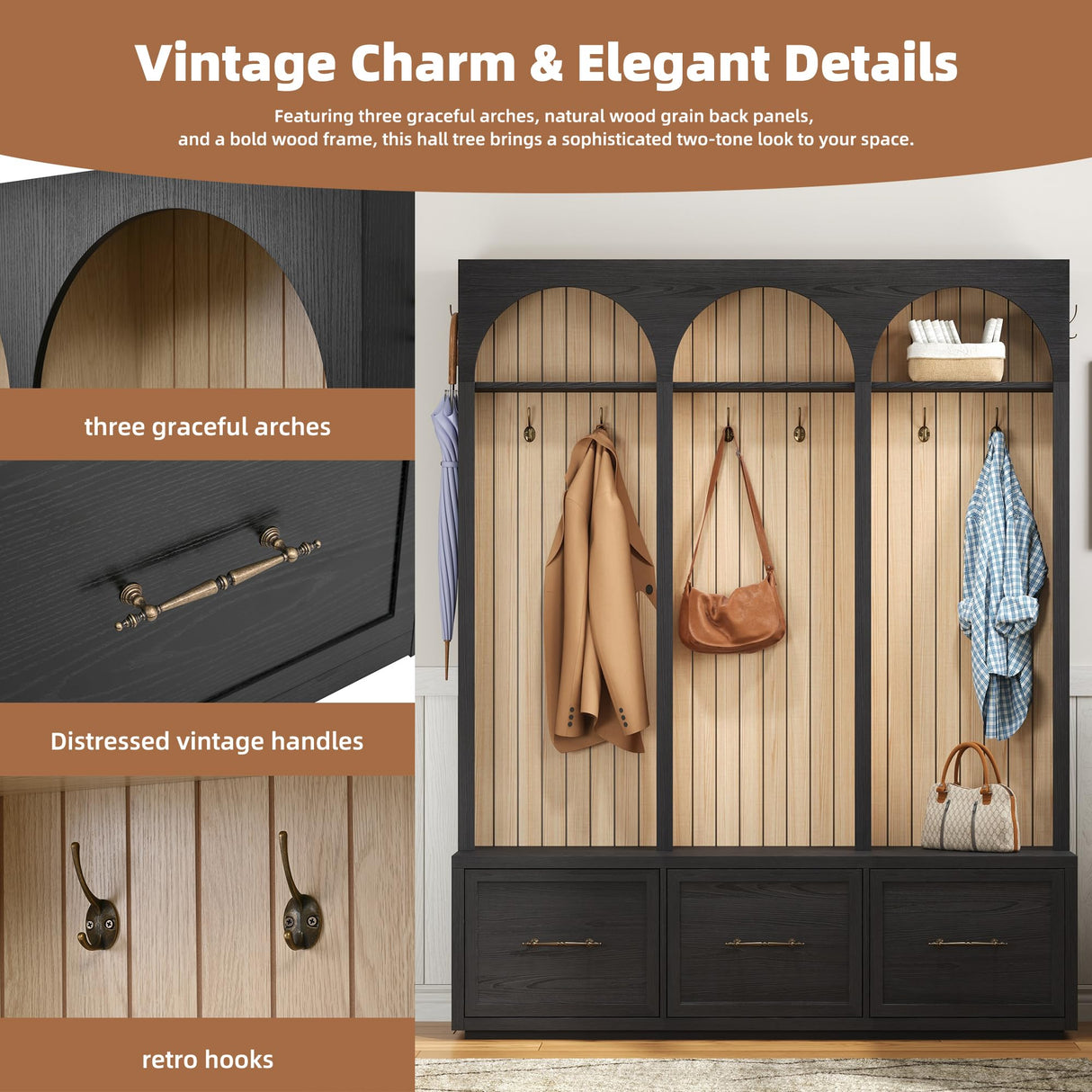 LUMISOL Farmhouse Entryway Hall Tree with Arched Design, 59" Entryway Bench with 3 Drawers, Entryway Coat Rack with 8 Retro Hooks, Rustic Hall Cabinet for Living Room Mudroom, Black LUMISOL