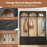 LUMISOL Farmhouse Entryway Hall Tree with Arched Design, 59" Entryway Bench with 3 Drawers, Entryway Coat Rack with 8 Retro Hooks, Rustic Hall Cabinet for Living Room Mudroom, Black LUMISOL