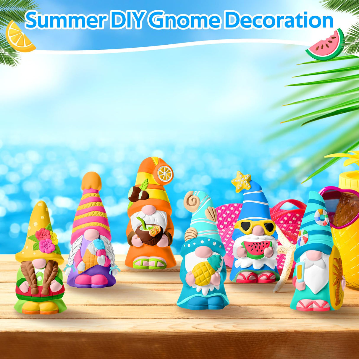 Arrowbash 6 Pcs Summer Ceramics to Paint Ready to Paint Your Own Gnome Statues 5.12 Beach Theme Paintable Figurines DIY Unpainted Ceramics Plaster Crafts Kit with Brush Palette Paint Arrowbash