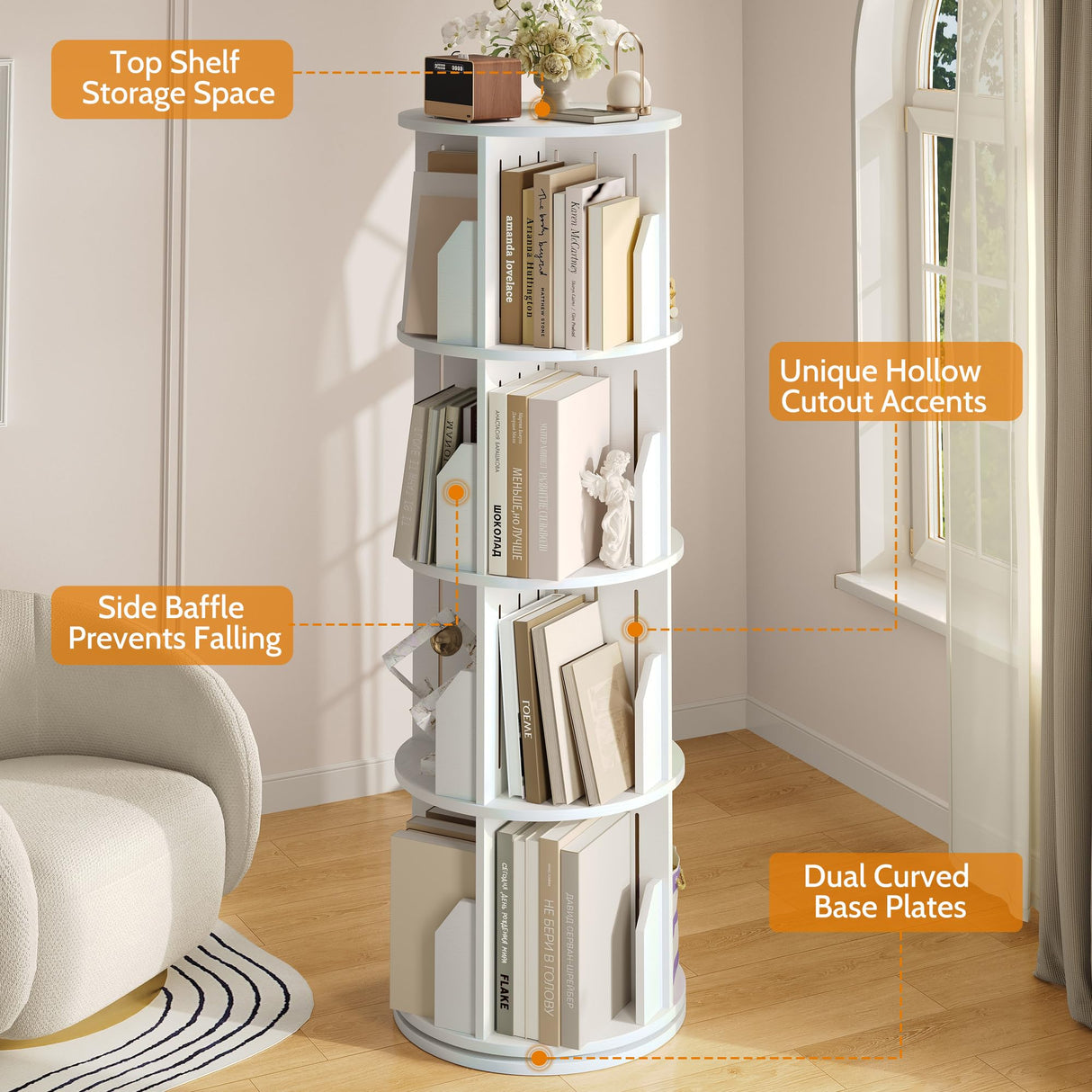 Rotating Bookshelf Tower, 4 Tier Corner Narrow Spinning Bookcase, 360° Revolving Storage Round Book Shelf, Vertical Swivel Lazy Susan Organizer for Kids Rooms Classroom Library Small Space Decor Vividwood