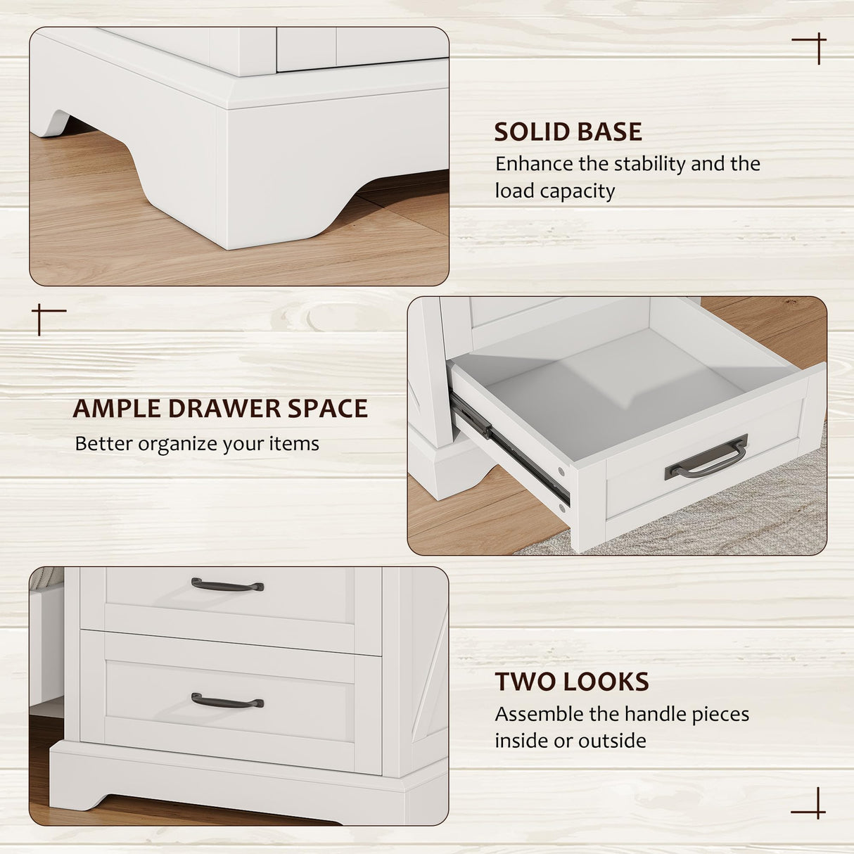 Whalefall Farmhouse Night Stand Set of 2, Large 3 Drawers Bedside Table with Charging Station, 22 inch Wide End Table for Bedroom, 2pcs White Whalefall