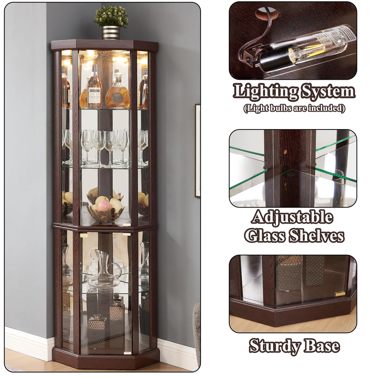 nifoti 69" H Lighted Curio Cabinet Corner Display Case,Corner Glass Cabinet with Tempered Glass Door and Adjustable Shelves,Wooden Corner Curio Cabinet with Mirrored Back Pane (Style 1 - Dark Cherry) nifoti