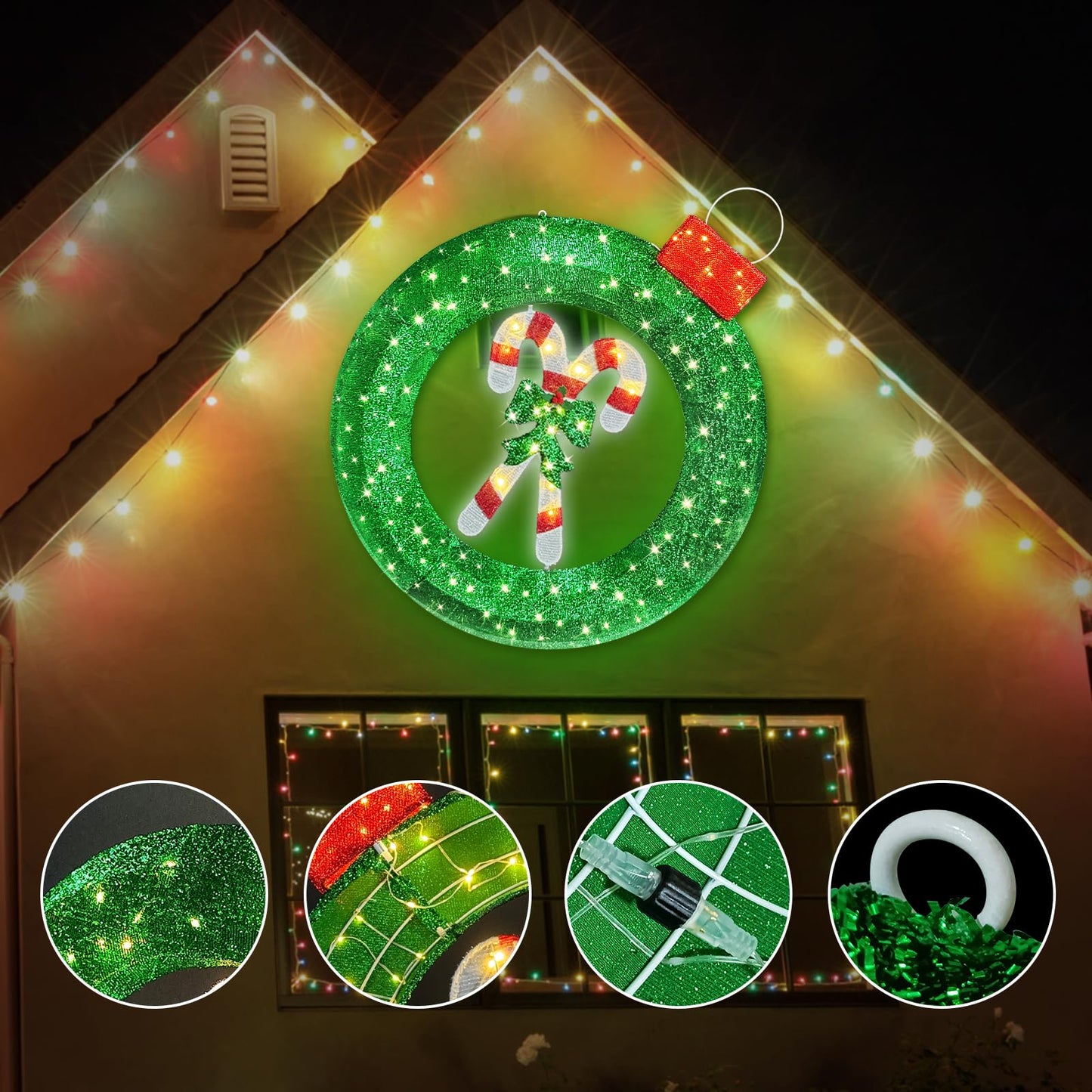 Zcdl Lamp 36 inch Outdoor Christmas Wreath with Lights, 8 Modes Lighted Wreath for Front Door, 120 LED Prelit Metal Wreath with Candy Cane, Lit Wreath for Yard Garden Outdoor Christmas Decor, Plug in