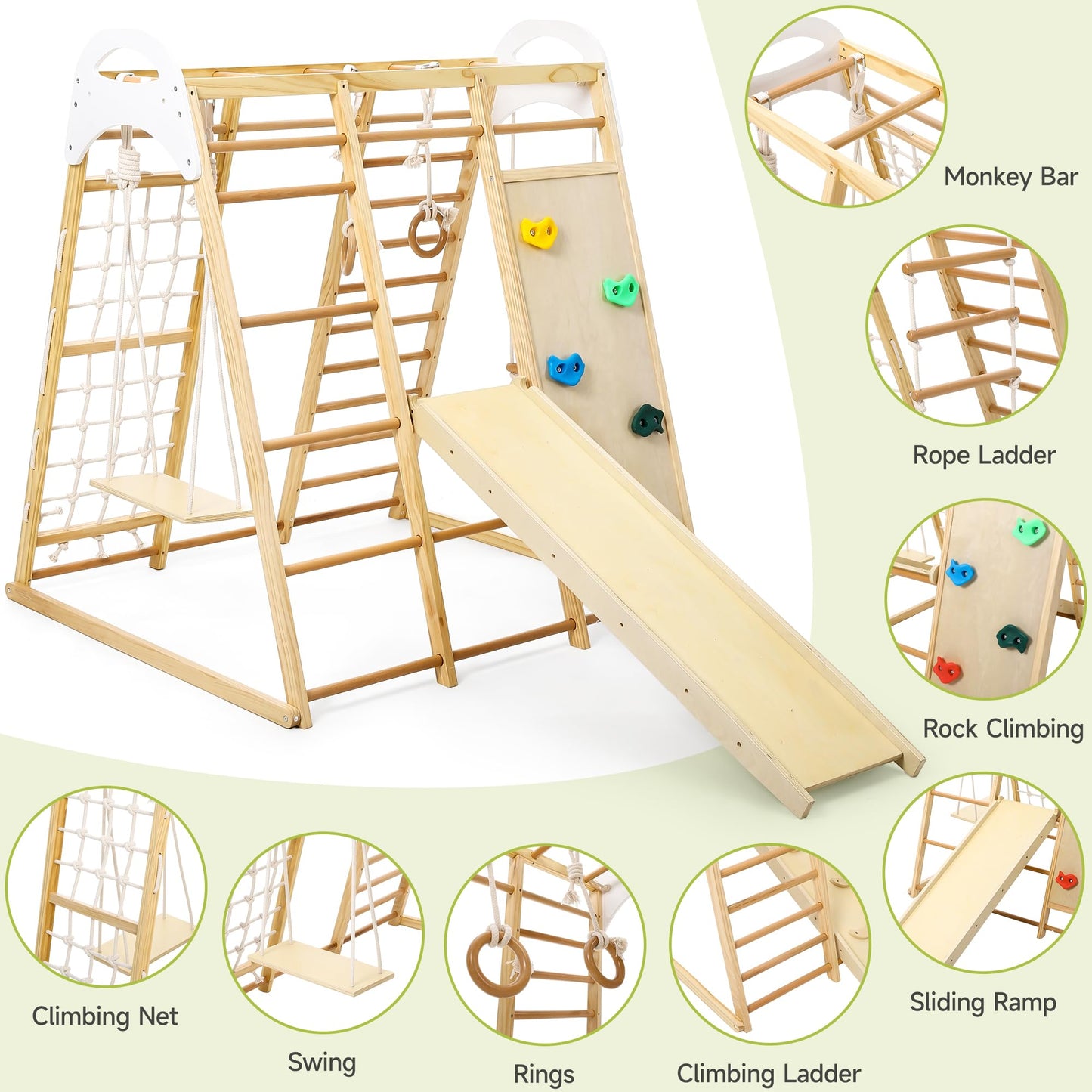 Wpond Indoor Jungle Gym, 8 in 1 Indoor Playground for Kids, Wooden Toddler Climbing Toys Indoor, Climbing Gym for Boys and Girls, Toddlers Wooden Climbing Gym for Age 3-8