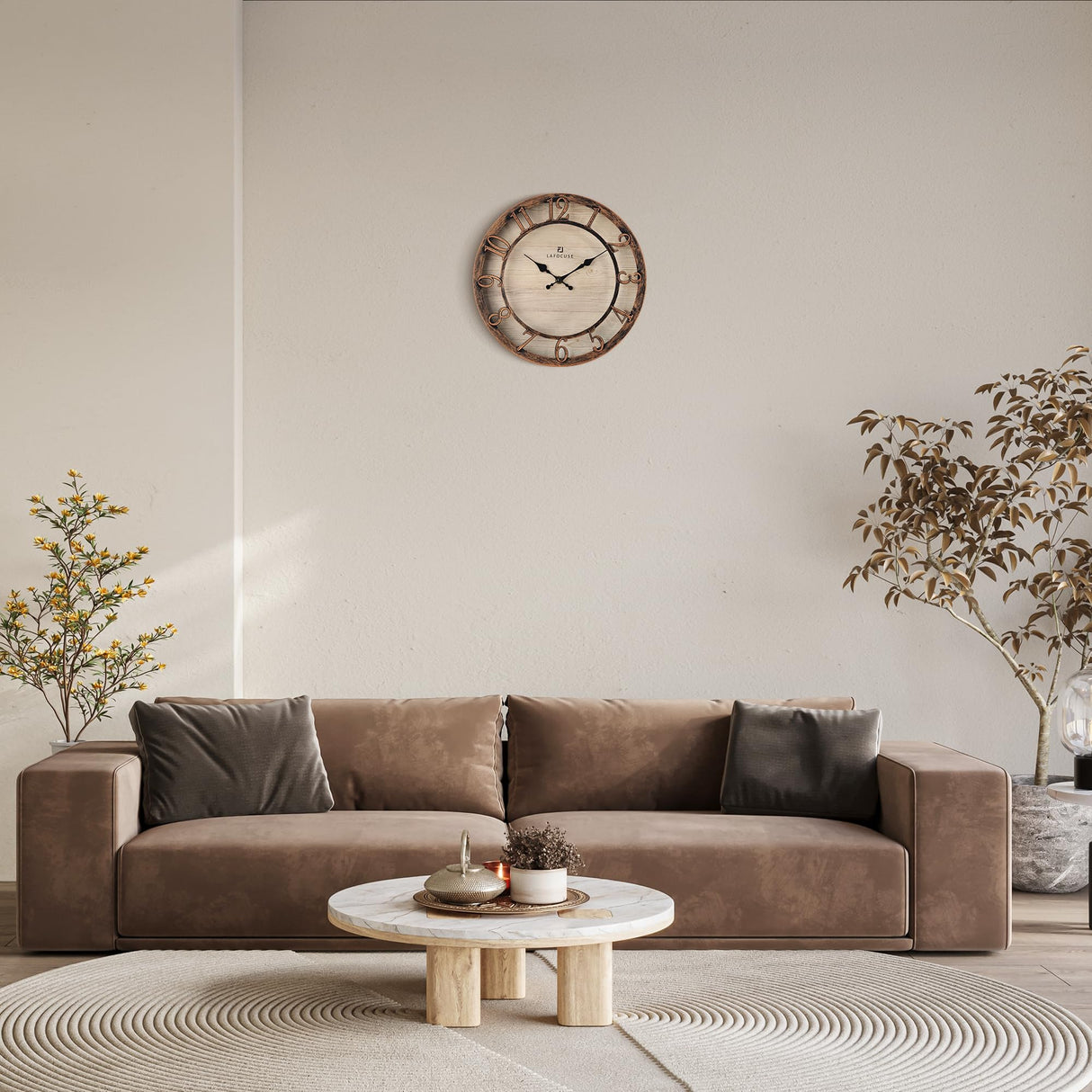 Lafocuse 12 Inch Silent Brown Wall Clocks Battery Operated, Farmhouse Wall Clock Analog for Kitchen Living Room, Rustic Home Décor Lafocuse