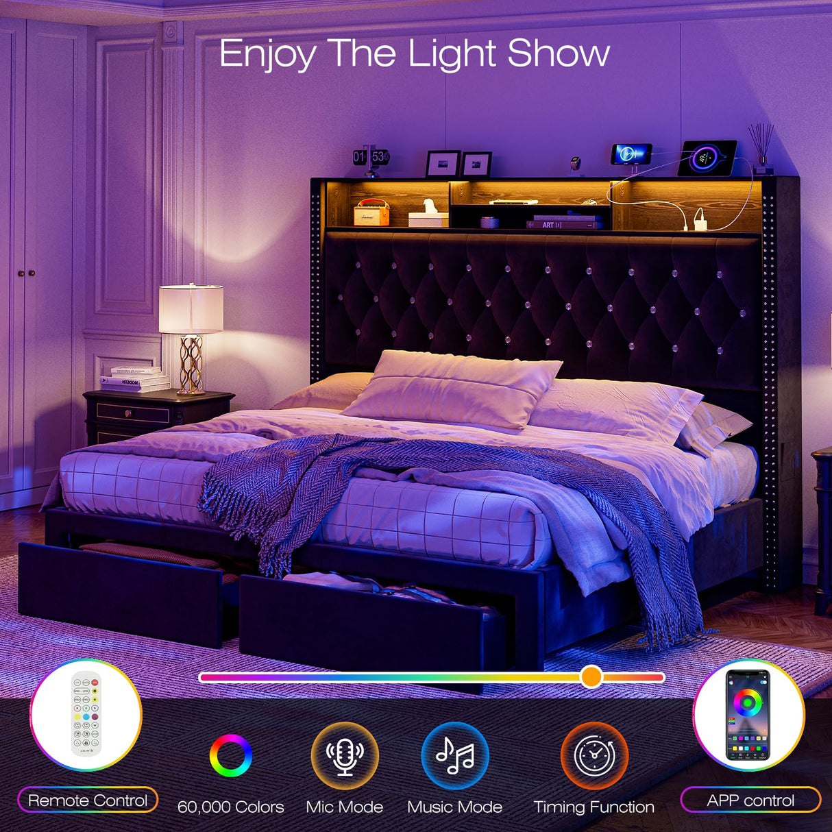 CIKUNASI Upholstered King Size Bed with Headboard and Storage, 60" Tall with 2 Drawers, Tufted Wingback Bed LED Light, Charging Station, No Box Spring Needed CIKUNASI