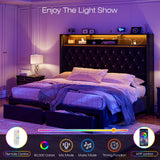 CIKUNASI Upholstered King Size Bed with Headboard and Storage, 60" Tall with 2 Drawers, Tufted Wingback Bed LED Light, Charging Station, No Box Spring Needed CIKUNASI