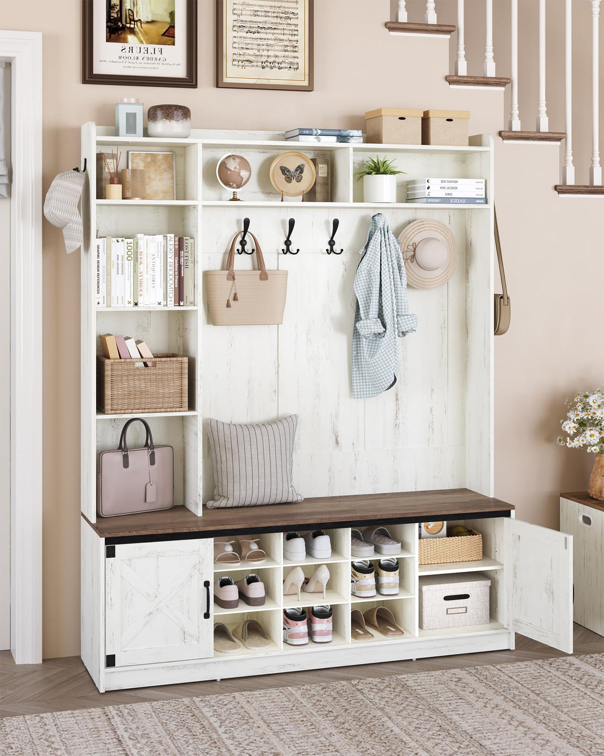 Hzuaneri 59.8" Hall Tree, LED Farmhouse Entryway Storage and Coat Rack Wood, Entryway Furniture with 7 Hooks, Hall Tree with Bench and Storage, 6 Storages Partitions Shoe Bench, Rustic White HT24814B Hzuaneri